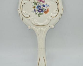 Antique Floral White & Gold Porcelain Hand Mirror