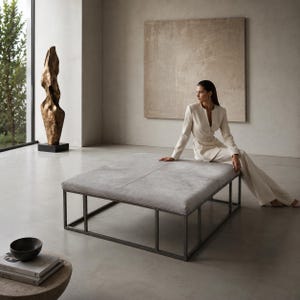 May include: A square, light gray upholstered ottoman featuring a slim, dark metal frame base. The piece has a smooth, flat top surface with a central seam detail, providing a low-profile seating or surface option for a living space.