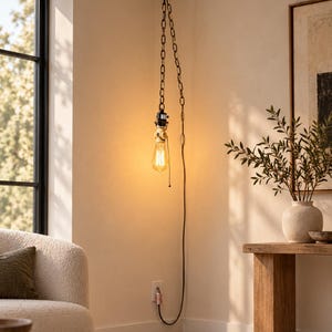 May include: A hanging pendant light fixture featuring a dark metal chain suspended from the ceiling, a vintage-style Edison bulb with a warm glow, and a black electrical cord that plugs into a wall outlet, complete with a pull chain switch.