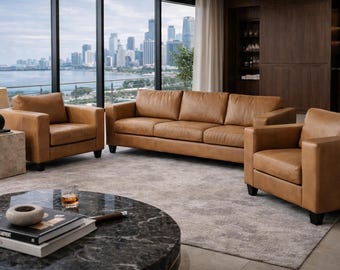Luxury Brown Leather Sofa Set – 3 Piece Designer Seating (Sofa + 2 Armchairs)