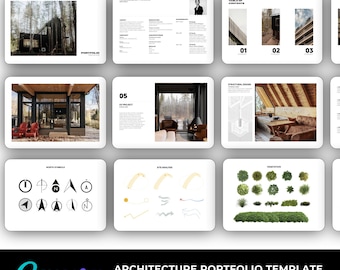 Può includere: Un modello di portfolio di architettura digitale con vari layout di design. Il modello include immagini di progetti architettonici, diagrammi e illustrazioni. Il logo Canva e il testo "ARCHITECTURE PORTFOLIO TEMPLATE + GRAPHIC RESOURCES" sono in basso.