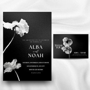 Faire-part de mariage et carte de remerciement en toile modifiables, modèle noir et blanc minimaliste, design floral élégant, style floral monochrome
