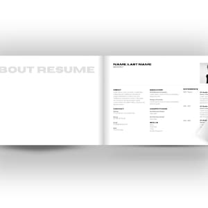 May include: A minimalist resume design in black and white. The left page reads "ABOUT RESUME" in gray block letters. The right page includes a name, contact information, education, and experience. A headshot is in the upper right corner.