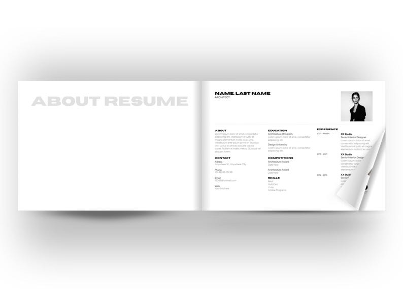May include: A minimalist resume design in black and white. The left page reads "ABOUT RESUME" in gray block letters. The right page includes a name, contact information, education, and experience. A headshot is in the upper right corner.
