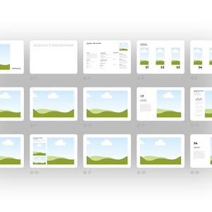 May include: A collection of white digital templates with landscape and cloud graphics. The templates include text and numbered sections, with the words "ABOUT RESUME" visible. The design is clean and modern, suitable for presentations or resumes.