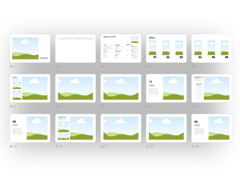 May include: A collection of white digital templates with landscape and cloud graphics. The templates include text and numbered sections, with the words "ABOUT RESUME" visible. The design is clean and modern, suitable for presentations or resumes.