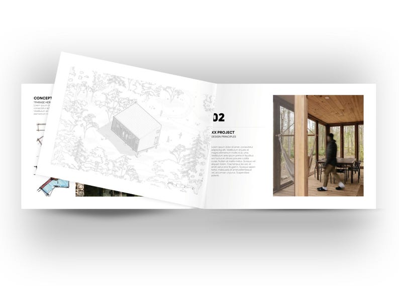 May include: An open book with architectural design illustrations. One page features a detailed sketch of a modern building in a natural setting. The opposite page shows a person walking inside a wooden structure with a table and chairs.