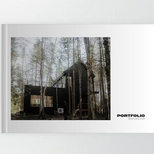 May include: A black cabin nestled among tall trees, with a white border. The cabin has a modern design with large windows and a balcony. The image is part of a portfolio template, as indicated by the text on the right.