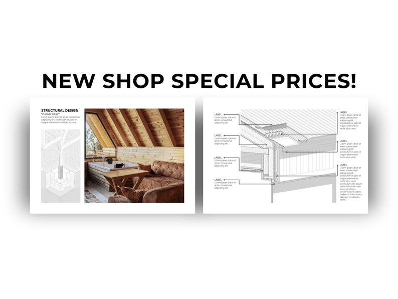 May include: Image featuring two architectural design presentations. The left image showcases a cozy interior with a wooden ceiling, a table, and a sofa. The right image is a detailed technical drawing of a building's structure. Text at the top reads "NEW SHOP SPECIAL PRICES!"