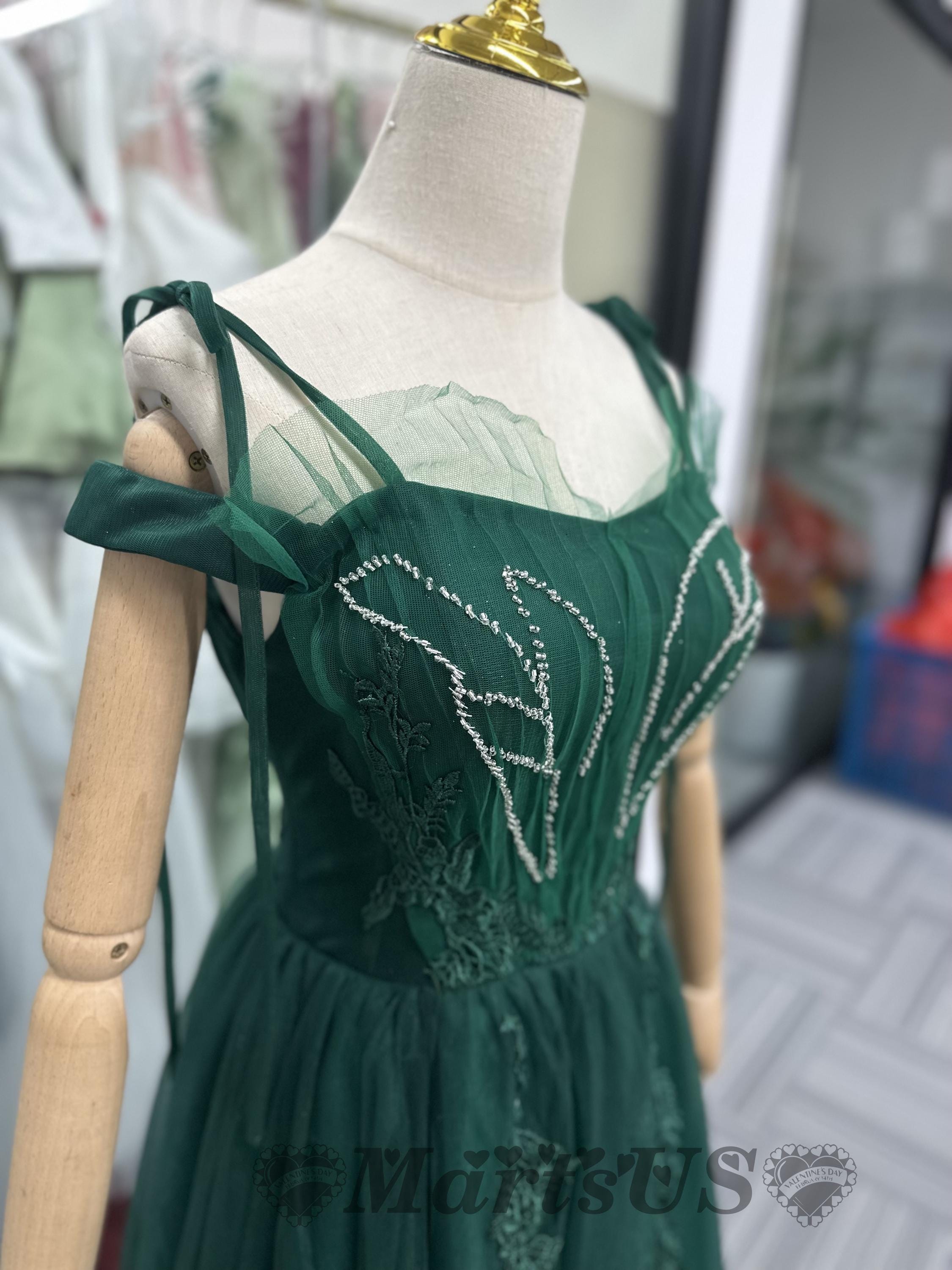 Vintage Olive Green Strapless Prom Dress Beaded Bodice Layered Tulle Evening Gown DP7912
