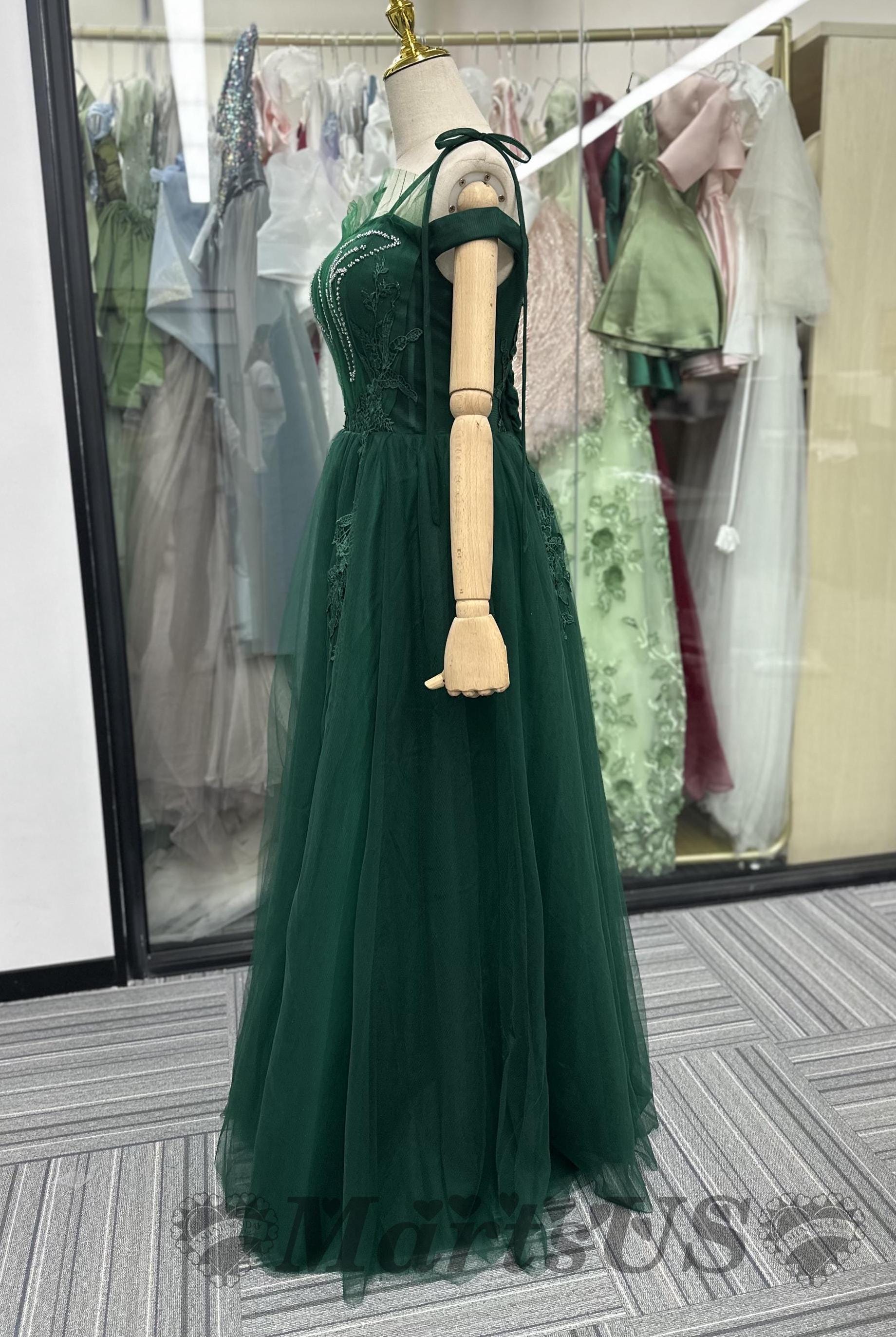Vintage Emerald Green A-line Lace Layered Tulle Train Prom Dress Evening Dress cc5396 main image 0