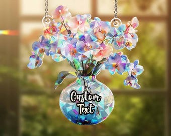 Orchid Flower Hologram Ornament, Everlasting Orchid in Vase Acrylic Window Hanging, February Birth Flower Gift, Birthday Gift For Her