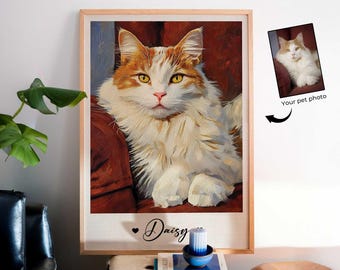 May include: A framed portrait of a cat with orange and white fur, resting on a red surface. The cat's name, "Daisy", is written below the image. A smaller photo of the cat is also included. The portrait is displayed in a living room setting.