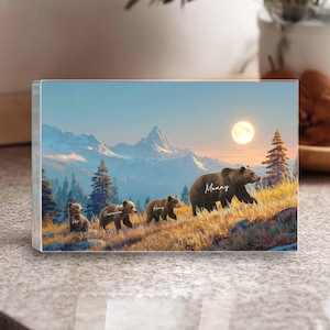 Customized Daddy Bear And Cubs Acrylic Block, Papa Bear With Baby Bears Acrylic Plaque, Bear Lover Gift, Father's Day Gift For Dad Grandpa