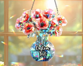 Customized Poppy Flower Acrylic Window Hanging, Everlasting Poppy In Vase Hologram Ornament, August Birth Flower Gift, Birthday Gift