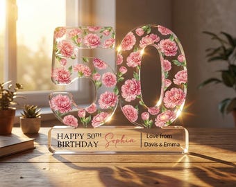 Personalized 50th 60th 70th Birthday Gift Acrylic Blocks With Birth Month Flower, Custom Birthday Age Acrylic Plaque, Flower Birthday Gift