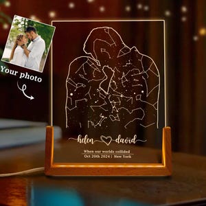 May include: A personalized night light with a wooden base. The clear acrylic panel features a constellation map and a silhouette of a couple. The text reads "Helen & David" with a date and location. A small photo is included.