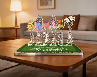 Customized Mom's Garden Love Grows Here Acrylic Desk Sign, Custom Birth Month Flowers Acrylic Plaque, Mothers Day Gift, Gift For Mom
