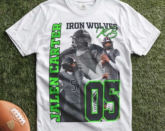 May include: White t-shirt with a green and black graphic design featuring three football players. The text "Jalen Carter" and "Iron Wolves" is printed on the shirt. The number "05" is printed on the front of the shirt.