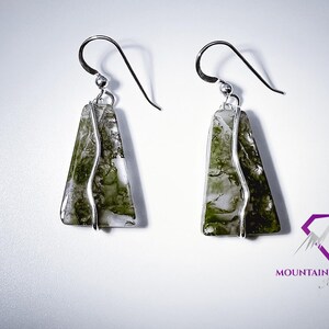 Tall Trapezoid Tree Moss Agate Dangle Earrings Handmade