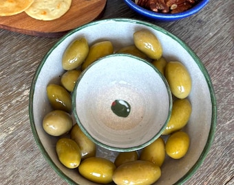 Handmade Ceramic Olive Bowl with Pit Holder - Ceramic Snack Bowl, White Clay Pottery with Hand-Painted Olives, Serving Dish for Appetizers