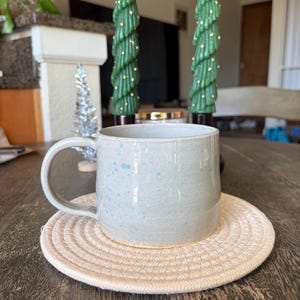 Handmade Ceramic Mug - Light Blue Splatter Pattern, Wheel-Thrown Pottery Mug - Minimalist Kitchen Housewarming Gift