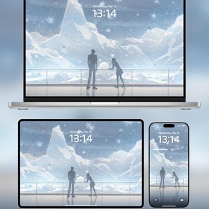 May include: A laptop, tablet, and smartphone display a winter landscape wallpaper with a mountain range and two silhouetted figures. The time, 13:14, and date, Wednesday, May 20, are displayed on each screen. The devices are silver.