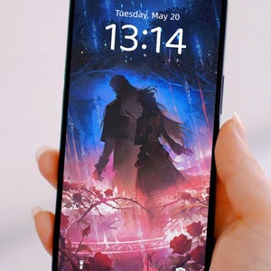 May include: A smartphone displays a fantasy-themed wallpaper with two silhouetted figures in a forest setting. The screen shows the time as 13:14 and the date as Tuesday, May 20. Red roses are at the bottom of the screen.