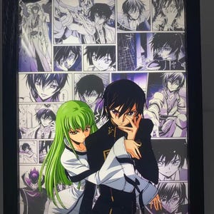 May include: Framed anime art print. The artwork is a collage of manga panels, with characters in various poses. The central image shows a male character in a black uniform with a female character with green hair. The background is white and purple.