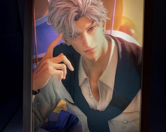 May include: A framed portrait featuring a digitally rendered male figure with silver hair and red eyes. The figure is wearing a white collared shirt, a dark blue sweater, and a black watch. The frame is made of wood.
