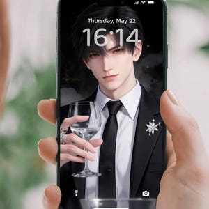 May include: A smartphone displays a digital illustration of a person in a black suit holding a wine glass. The screen shows the date and time: Thursday, May 22, 16:14.