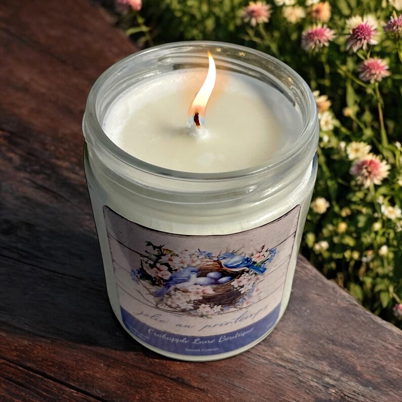 Puede incluir: Una vela blanca en un tarro de vidrio transparente con una etiqueta con un dise&ntilde;o de un p&aacute;jaro azul y un nido. La etiqueta dice "Jole au printemps" y "Crabtree Lane Boutique". La vela est&aacute; encendida y la llama es visible.