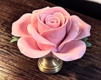 Pink Rose Porcelain Lamp Finial 2” tall 2.25” wide Antique Brass Base