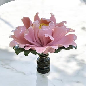 Large Porcelain Pink Peony Flower Lamp Finial 2" tall 2.5" wide Antique Brass Base