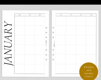Undated | A5 Minimalist Monthly Planner Insert: Monday/Sunday Start (PDF Print)
