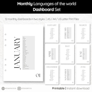 Multilingual Monthly Planner Dividers: Minimalist A4/A5/Letter Inserts (PDF Printable Set of 24)