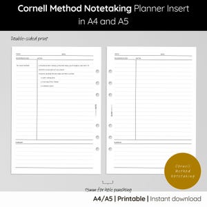 Peut inclure: Insert de planificateur de prise de notes méthode Cornell recto-verso aux formats A4 et A5. Les pages blanches présentent une mise en page structurée avec des sections pour les mots-clés, les notes et un résumé. Le texte comprend "Cornell Method Notetaking" et "Printable | Instant download."