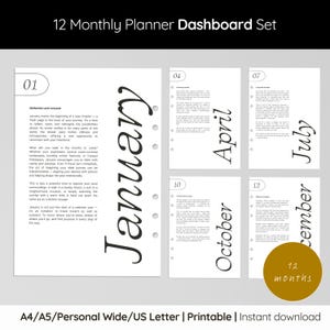 Motivational Monthly Planner Dashboards: A5, Personal Classic, Personal Wide, US Letter, HP Classic (Set of 12) Printable Planner Inserts