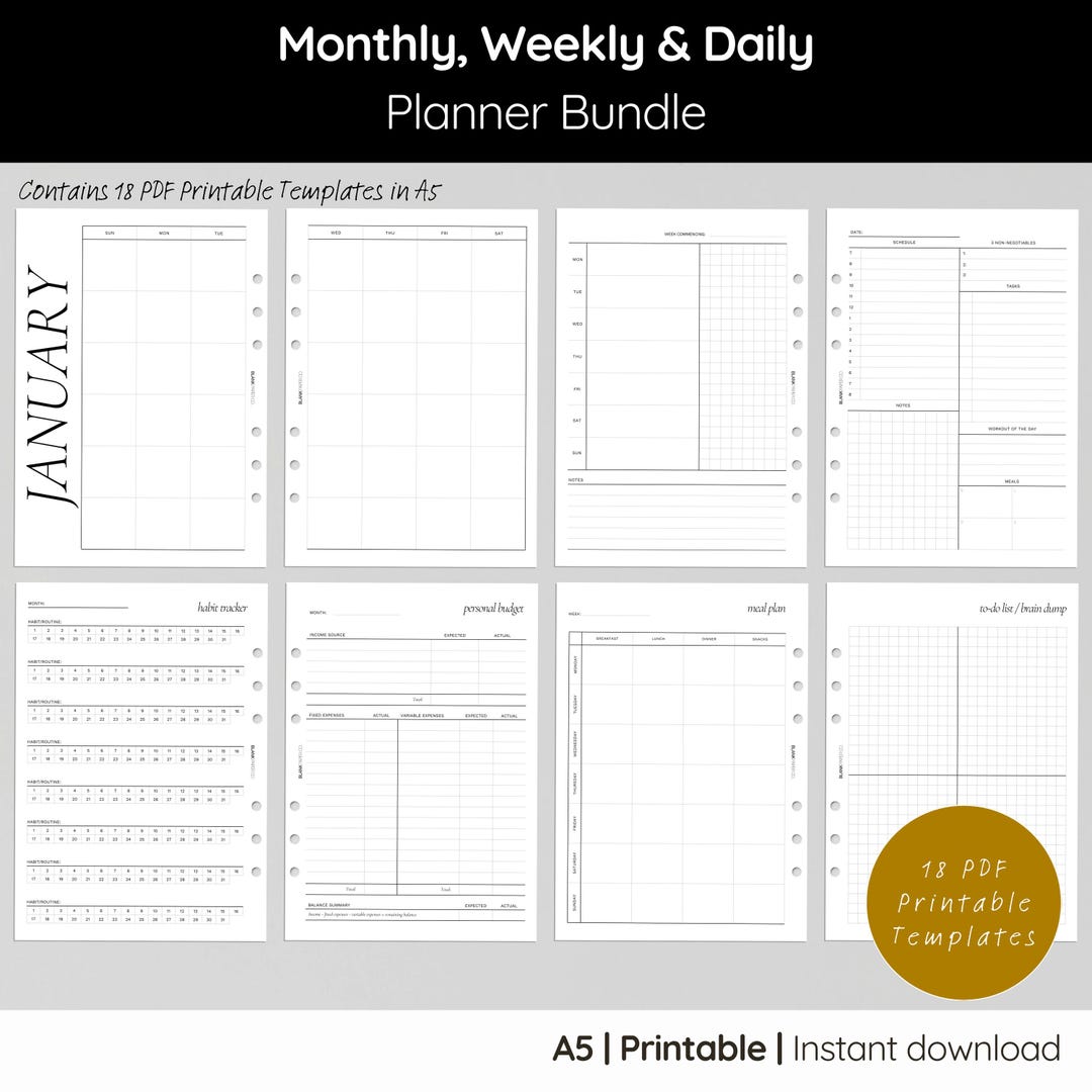 Printable A5 Planner Inserts Bundle: Undated Minimalist Monthly, Weekly ...