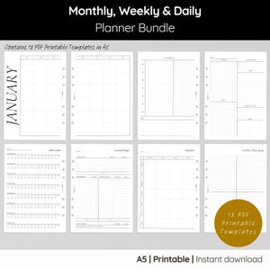 May include: A set of A5 printable planner templates, including monthly, weekly, and daily layouts. The bundle features habit trackers, personal budget sheets, and meal planning pages. The image shows 18 PDF templates for instant download.