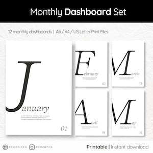 Minimalist Monthly Planner Dashboards: A5, A4, US Letter (PDF Downloadable Inserts Set of 12)