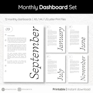 Motivational Monthly Planner Dashboards: A5, A4, US Letter (PDF Downloadable Inserts Set of 12) Printable Inserts, A5 Inserts