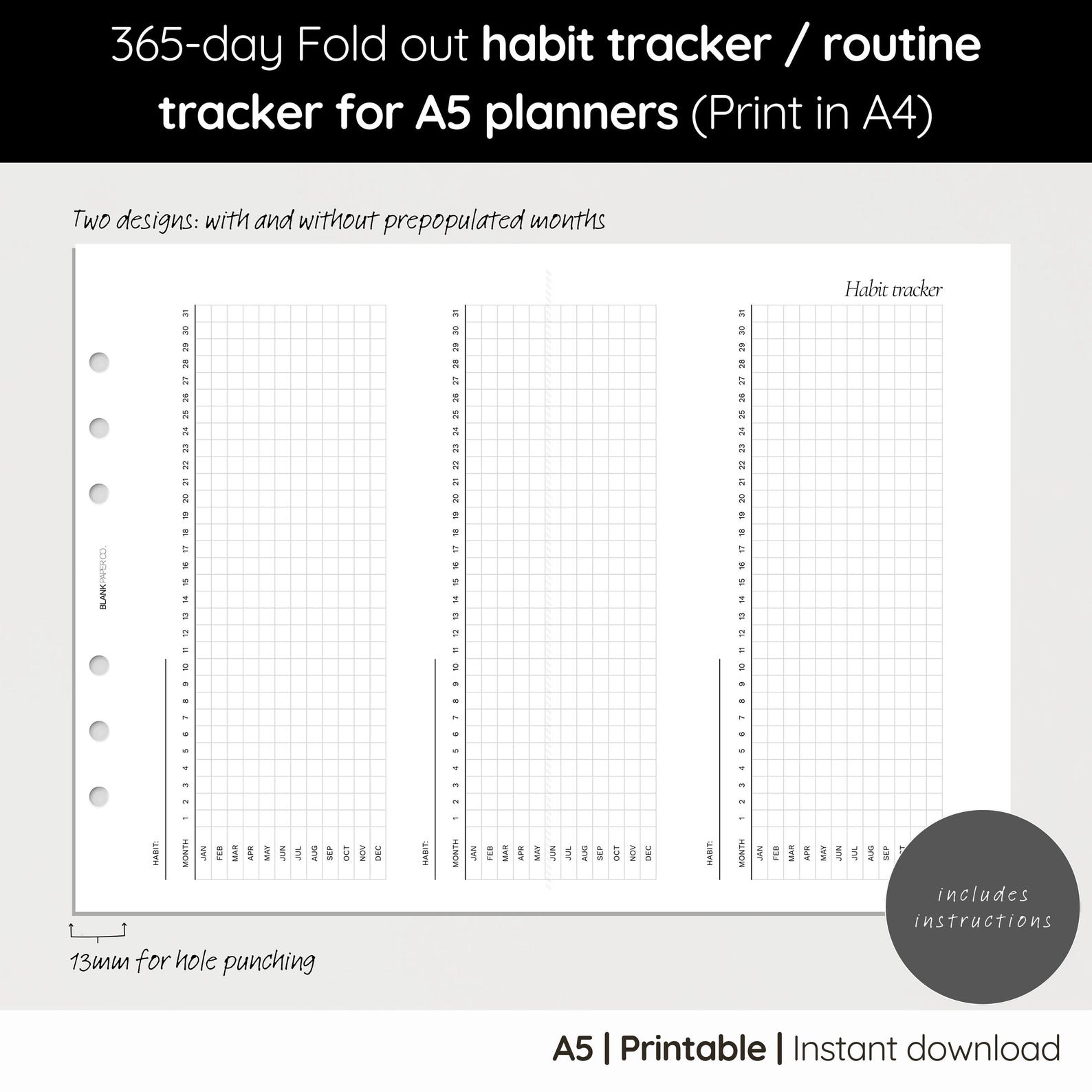 365-day Yearly Habit Tracker: Fold Out A5 Planner Insert - Printable ...