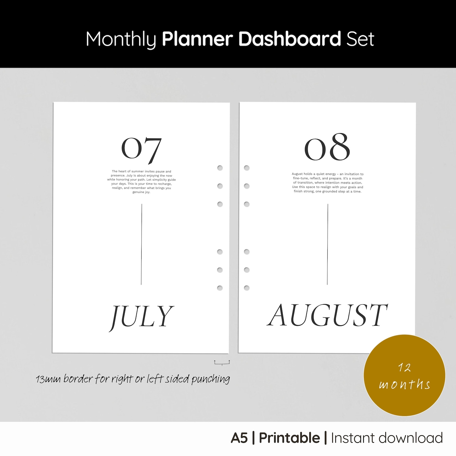 Monthly Planner Dashboards: Minimal A5 Printable Inserts (PDF Download ...