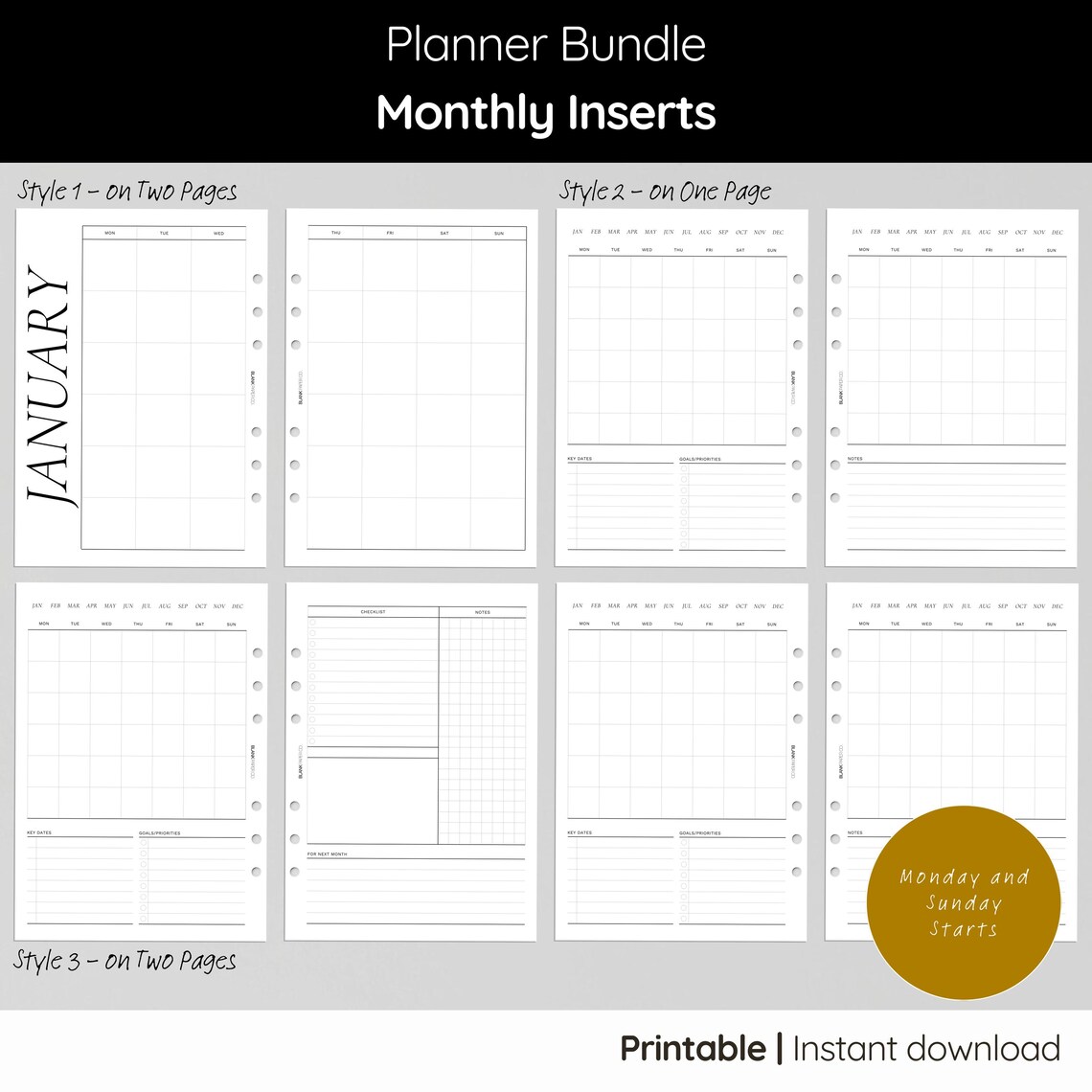 Printable A5 Planner Inserts Bundle: Minimalist Monthly, Weekly, Daily