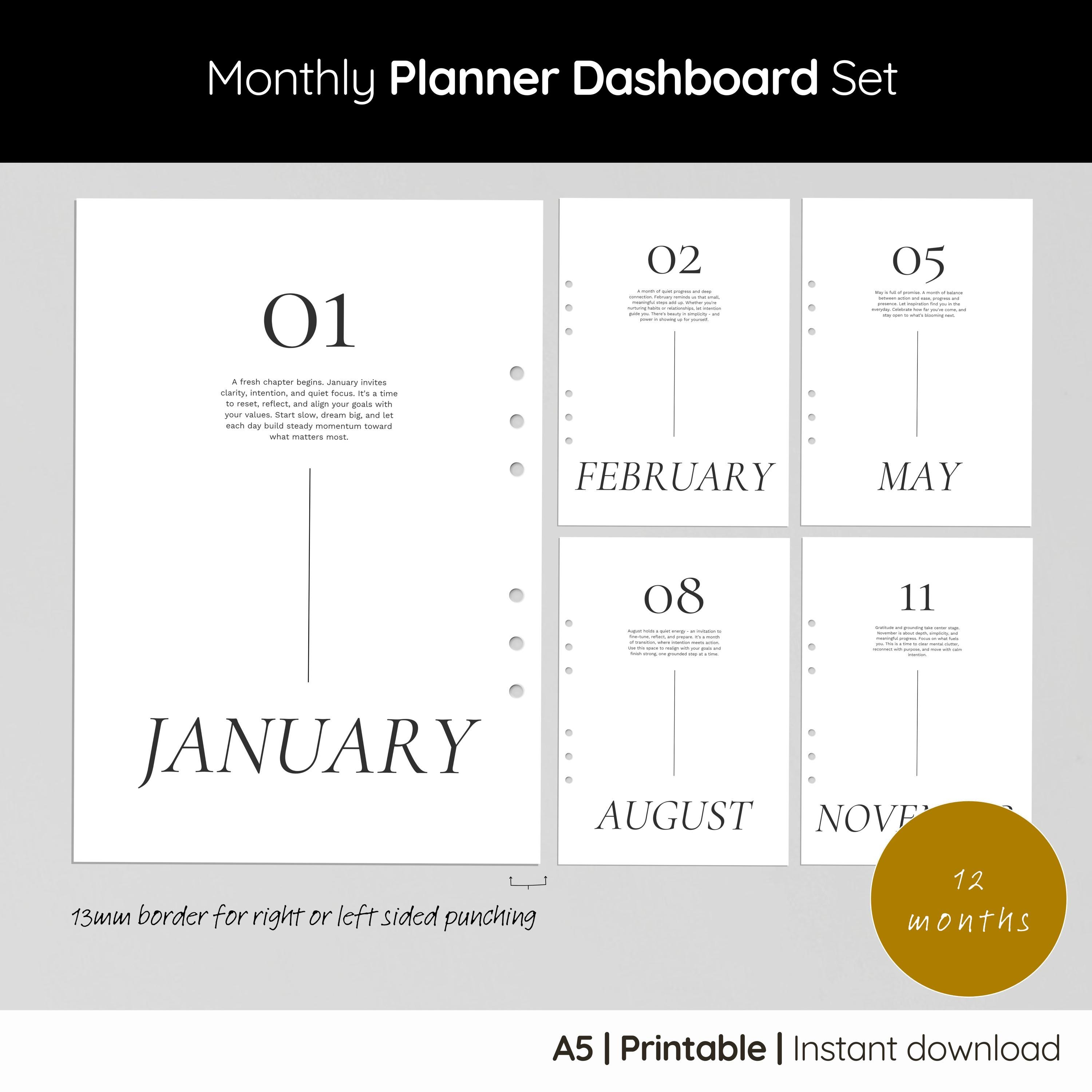 Monthly Planner Dashboards: Minimal A5 Printable Inserts (PDF Download ...