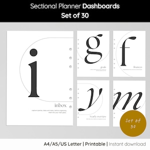 Divisores de categorías para planificadores minimalistas: 30 tableros imprimibles en tamaño A5/A4/US (descarga en PDF)