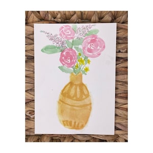 Cartão de felicitações original pintado à mão em aquarela | Vaso floral | Cartão de agradecimento em branco para aniversário, amizade, simpatia