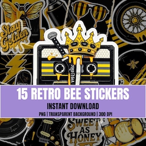Op de afbeelding: Een verzameling van 15 retro bijenstickers met verschillende ontwerpen, waaronder een cassettebandje, een kroon en een bliksemschicht. De stickers hebben gele en zwarte kleurenschema's met de tekst "Stay Golden" en "Sweet as Honey".