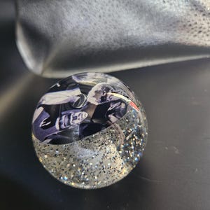 May include: A clear, spherical paperweight with a photograph inside. The bottom half is filled with silver glitter. The photograph appears to be of a person wearing a helmet. The paperweight is on a dark surface.
